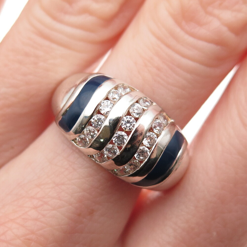 925 Sterling Silver Enamel & Round-Cut C Z Dome Ring Size 8.25
